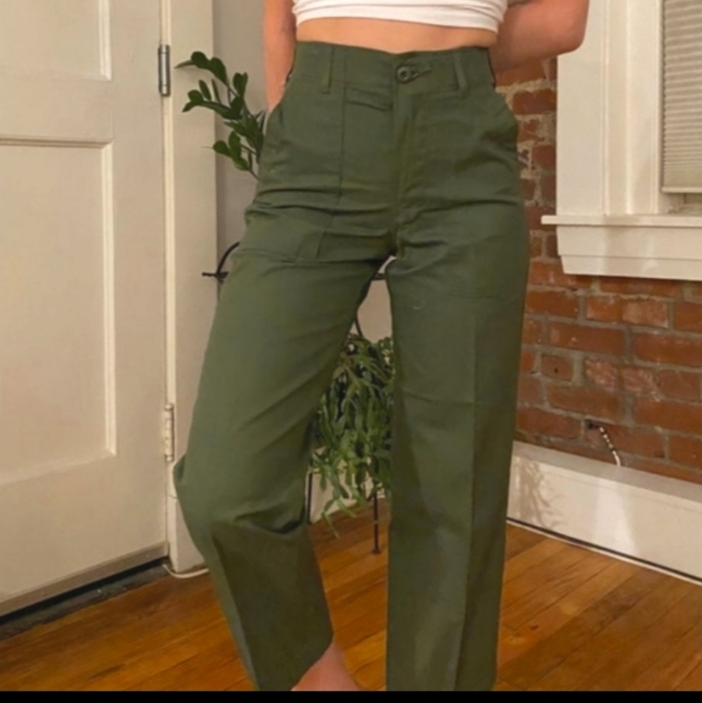 1980 USA made Army fatigues Vintage highwaist oldstock sateen olive green